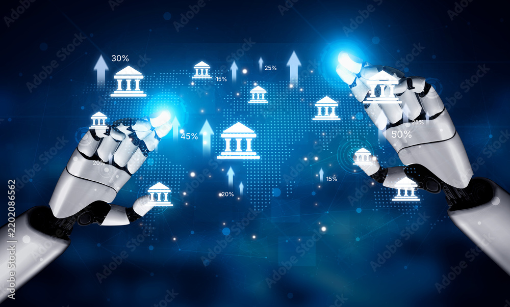 Obraz premium AI drives fintech innovation with smart assistants and banking tools to optimize online finance, mobile banking, and customer experience. Artificial intelligence spline