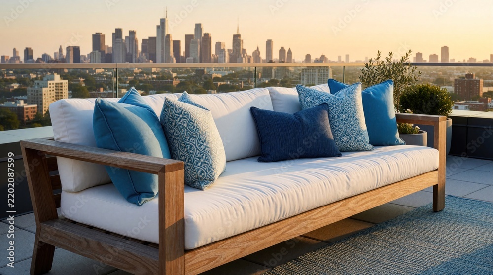 Fototapeta premium Outdoor wooden sofa with blue pillows sits on a rooftop terrace. City skyline views at golden hour sunset. Modern apartment exterior with comfortable seating.