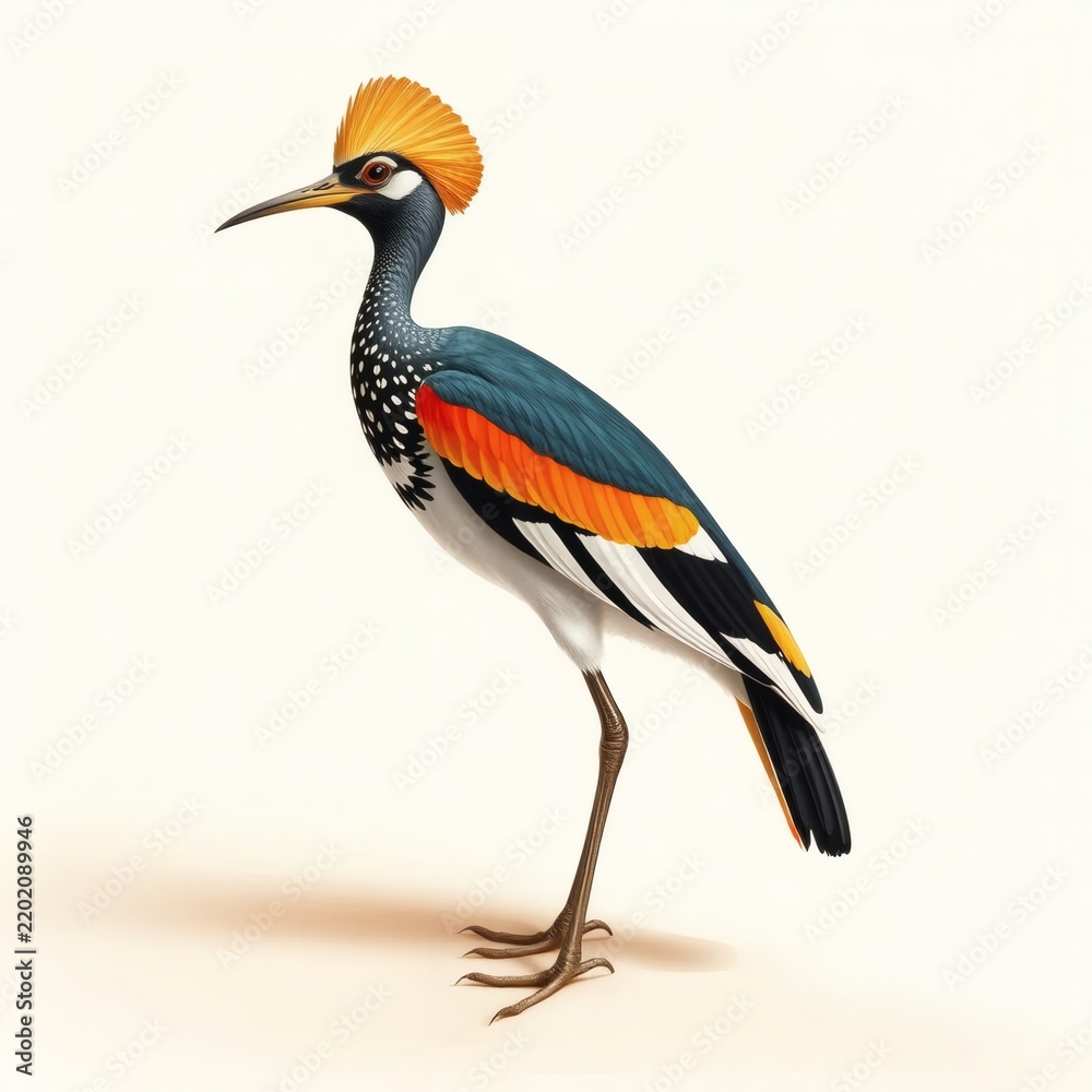 Fototapeta premium A detailed illustration of an exotic colorful bird standing on a light background.