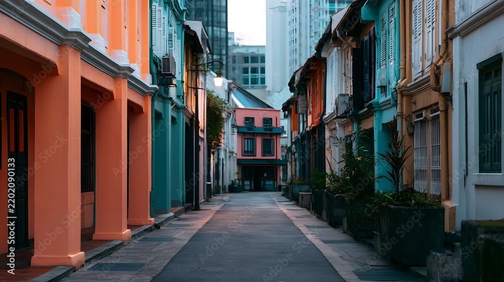 Fototapeta premium A narrow alleyway lined with colorful colonial style buildings under soft evening light creating a serene urban atmosphere