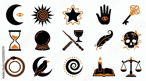 Black And Orange Two Tone Flat Vector Tarot Card Mystical Symbols Collection

