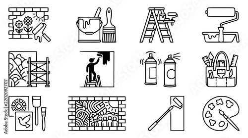 Painting and Decorating Icons Set: Tools, Art, and Renovation