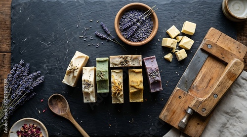 Colorful Handmade Soaps Arranged on Dark Slate with Lavender and Wooden Soap Cutter