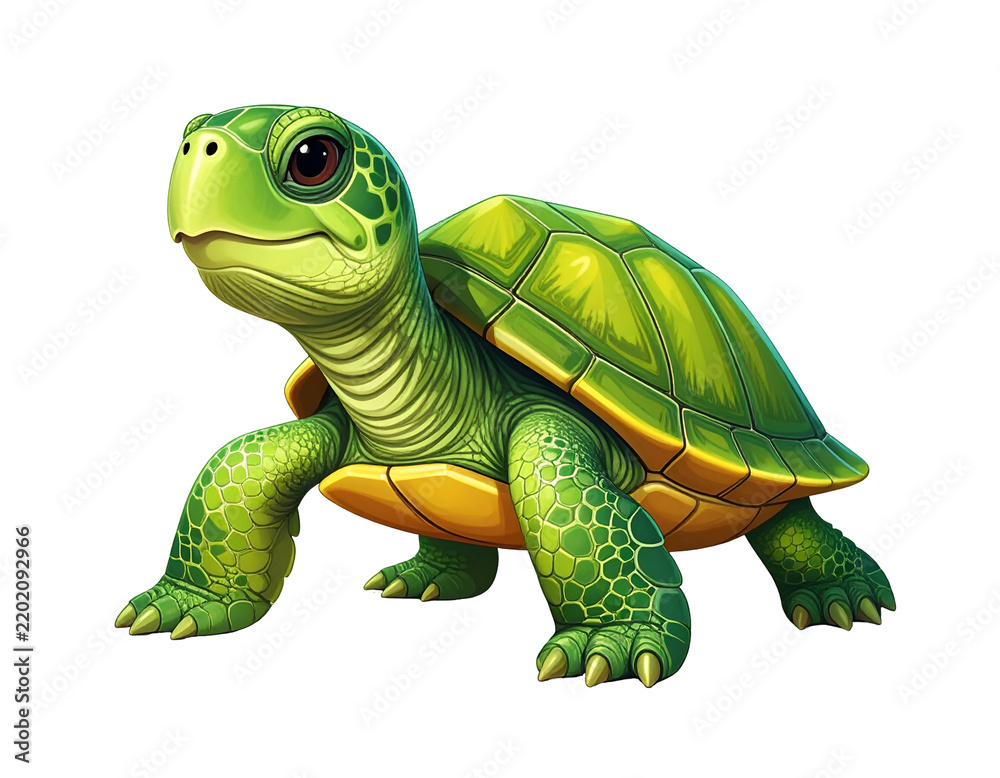 Obraz premium Cute baby turtle illustration, green shell and yellow accents, friendly creature