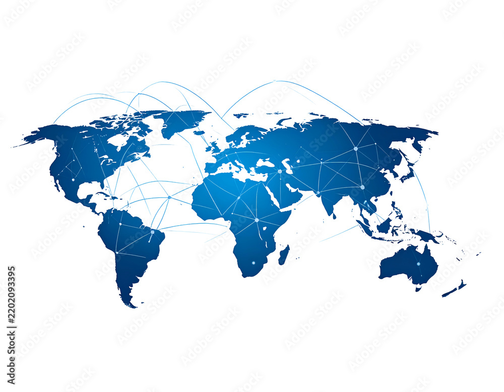 Fototapeta premium Digital world map with connecting nodes, global network and data transfer illustration