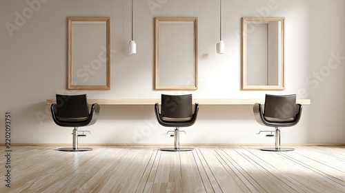 Modern hair salon interior with mirrors chairs and wooden shelf