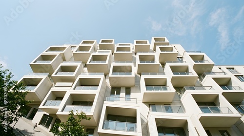 Modern apartment building with white balconies and geometric windows under a clear blue sky