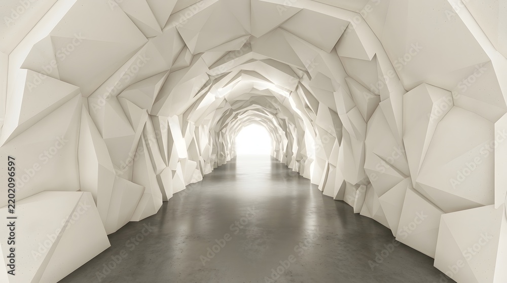 Fototapeta premium Modern tunnel with white geometric walls and soft glowing light at the end of the pathway