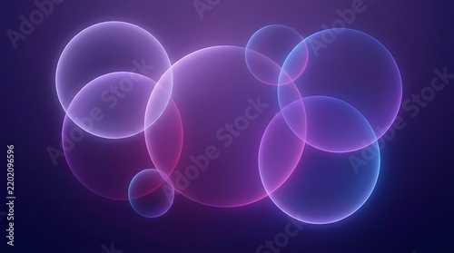 Abstract purple background with glowing circles and transparent bubbles floating in a dark space for modern graphic design and digital art projects