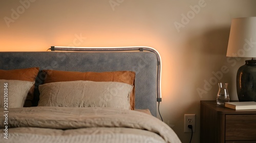 Modern bedroom headboard with warm glowing led light strip accent