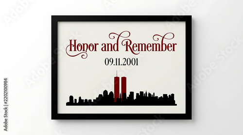 Framed commemorative artwork displaying a September eleventh memorial tribute with twin towers silhouette and typography honoring fallen heroes during the historic tragedy affecting the nation