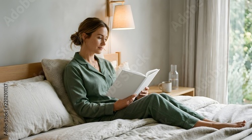 Peaceful woman reading a book in bed wearing green pajamas during morning light