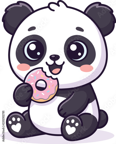 Cute Baby Panda Eating Pink Sprinkle Donut Cartoon Illustration