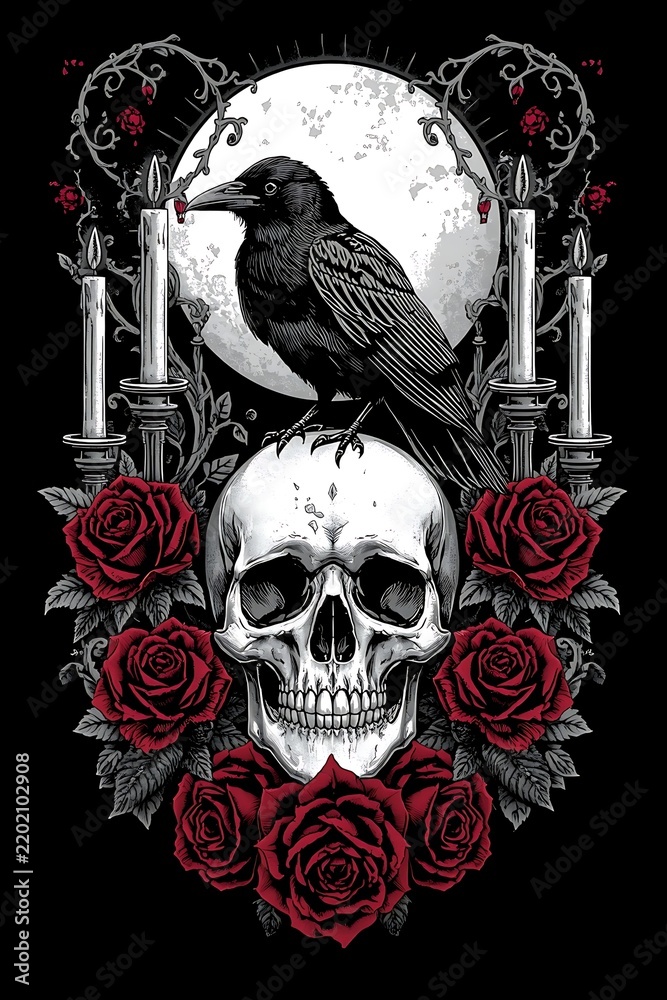Fototapeta premium Gothic raven with skull and red roses