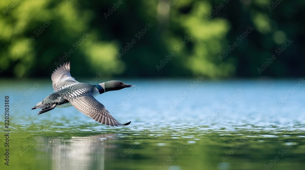 Fototapeta premium A common loon bird flies low over blue water near green trees. Its patterned feathers and wings are spread as it glides. The wild creature shows graceful movement in its natural habitat.
