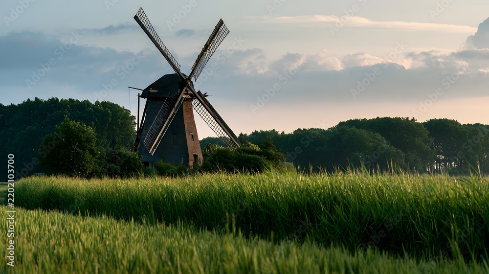 Obraz premium A traditional windmill stands tall in a lush green field under a soft cloudy sky during early morning or late afternoon light