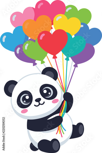 Cute Baby Panda Holding Colorful Heart Balloons Cartoon Illustration