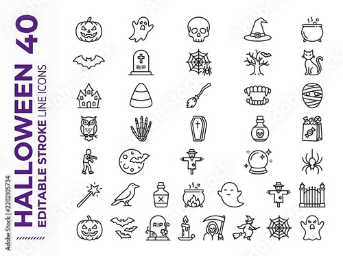 Comprehensive collection of forty minimalist Halloween line art icons including ghosts, skulls, and pumpkins