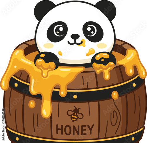Cute Baby Panda in Honey Barrel Cartoon Illustration