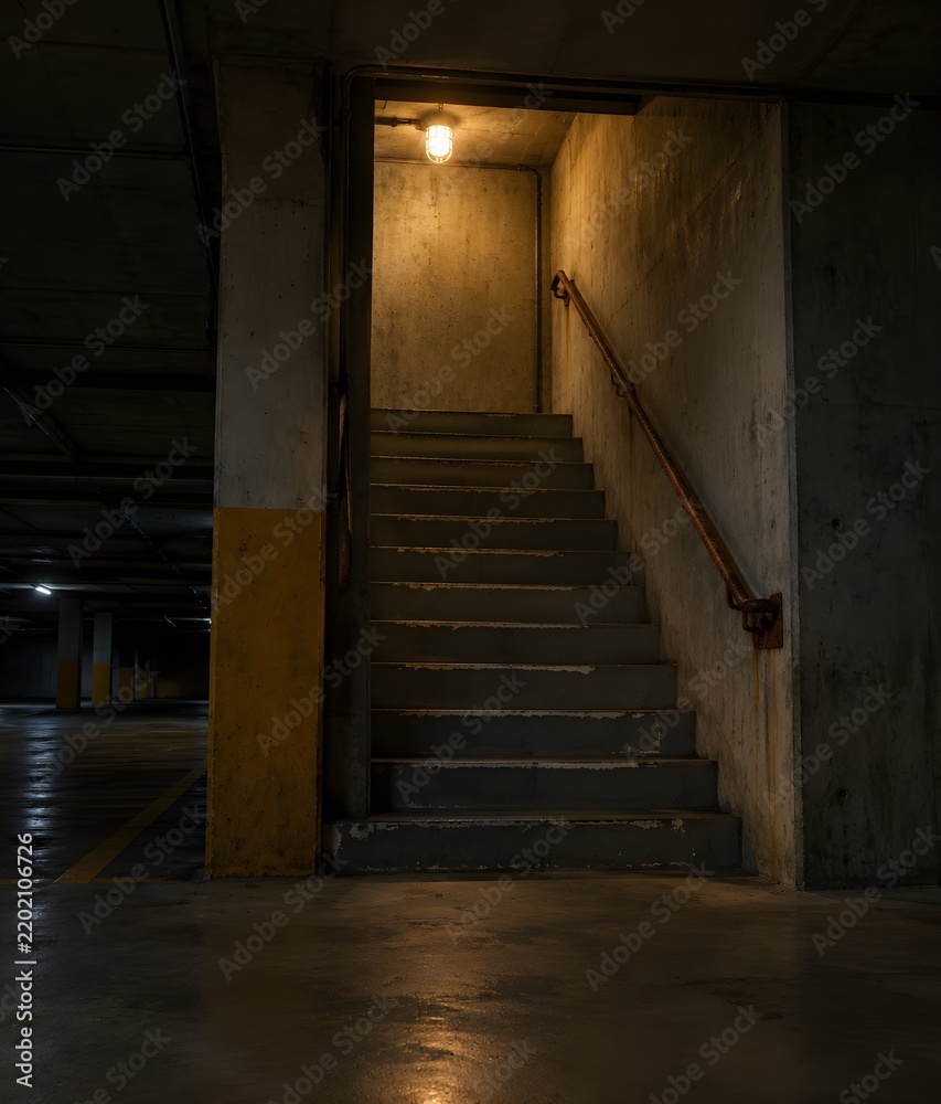Fototapeta premium Below ground concrete stairwell of a parking garage lit by one caged bulb with painted walls and stained steps