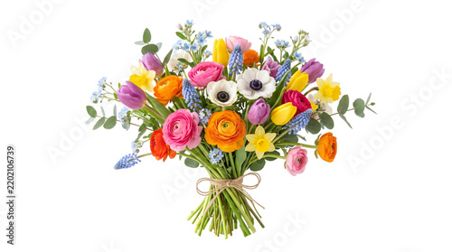 Colorful floral bouquet with ranunculus tulips anemones and narcissus flowers. Tied with twine string on a white background