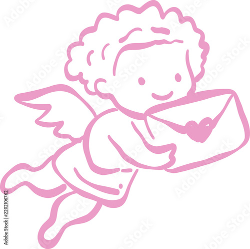 Cute cartoon cupid cherub with wings flying and holding a love letter envelope with a heart symbol simple pink line art illustration