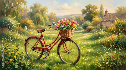 A vintage red bicycle with a basket full of colorful tulips parked in a lush, sunlit meadow near a charming stone cottage in the countryside