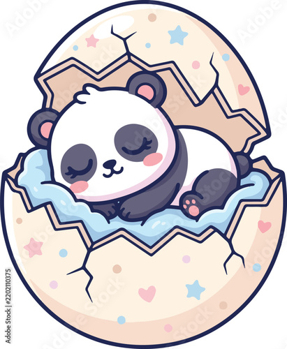 Cute Baby Panda Sleeping in Cracked Egg Shell Cartoon Illustration