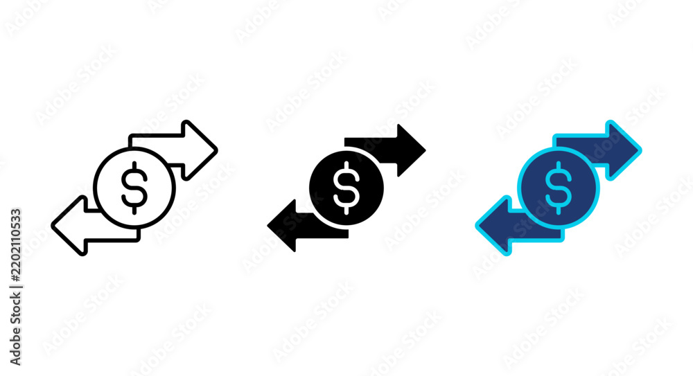 Obraz premium Money transfer icon set, financial exchange symbol, dollar coin with arrows indicating bidirectional flow, vector illustration