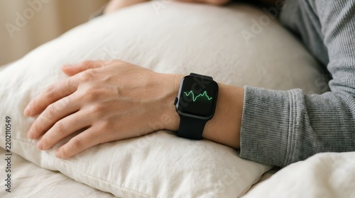 Person wearing a modern smartwatch showing a heart rate monitor in bed