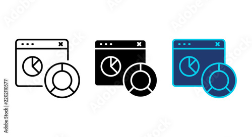 Set of three web analytics icons featuring a browser window with a pie chart and a donut chart, representing data visualization and business reporting tools