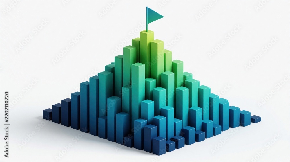 Obraz premium Abstract 3d bar chart mountain with flag represents business growth and goal achievement. Blue and green bars symbolize data progress and success.