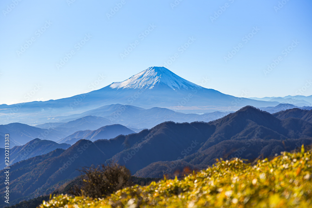 Fototapeta premium 晩秋の丹沢・丹沢山から塔ノ岳への主脈縦走路から見た富士山