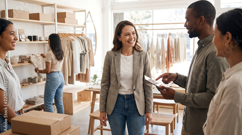 Successful female entrepreneur and boutique owner smiling while discussing digital orders or inventory on a tablet with diverse customers and staff in a modern, bright, minimalist clothing store