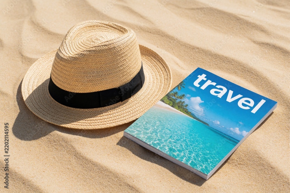 Obraz premium Straw hat with black band, travel magazine lie on sandy beach. Summer vacation concept with sunhat, book on sand. Relaxing holiday vibes near ocean shore. Tropical destination inspiration for summer