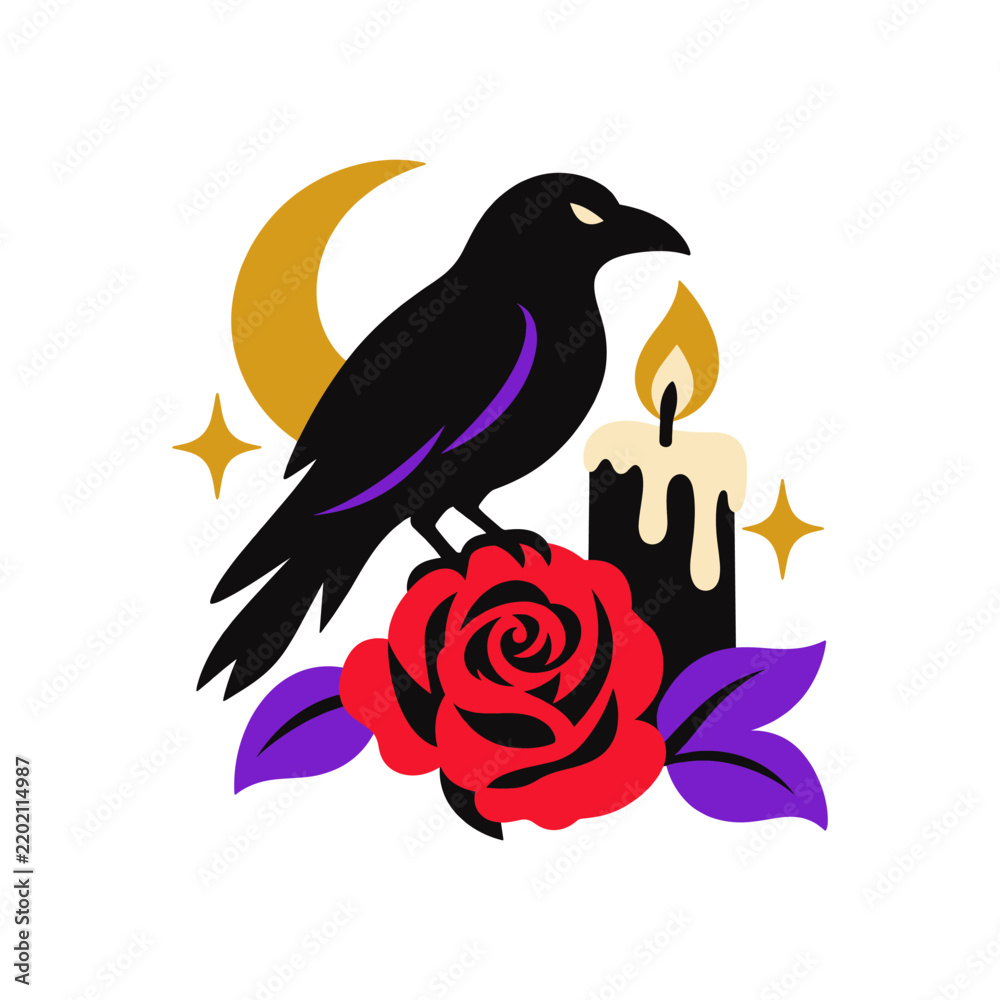 Fototapeta premium Gothic Raven Candle and Rose with Crescent Moon Halloween Ornament