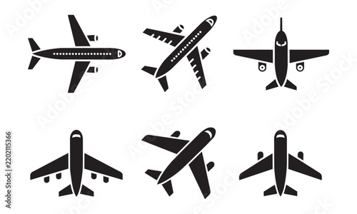 Collection of commercial passenger airplanes flying in different directions for travel transportation, and tourism-related designs.