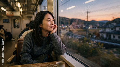 Obraz na płótnie 夕暮れ時に電車に座り窓の外を眺める20代後半の日本人女性のポートレート