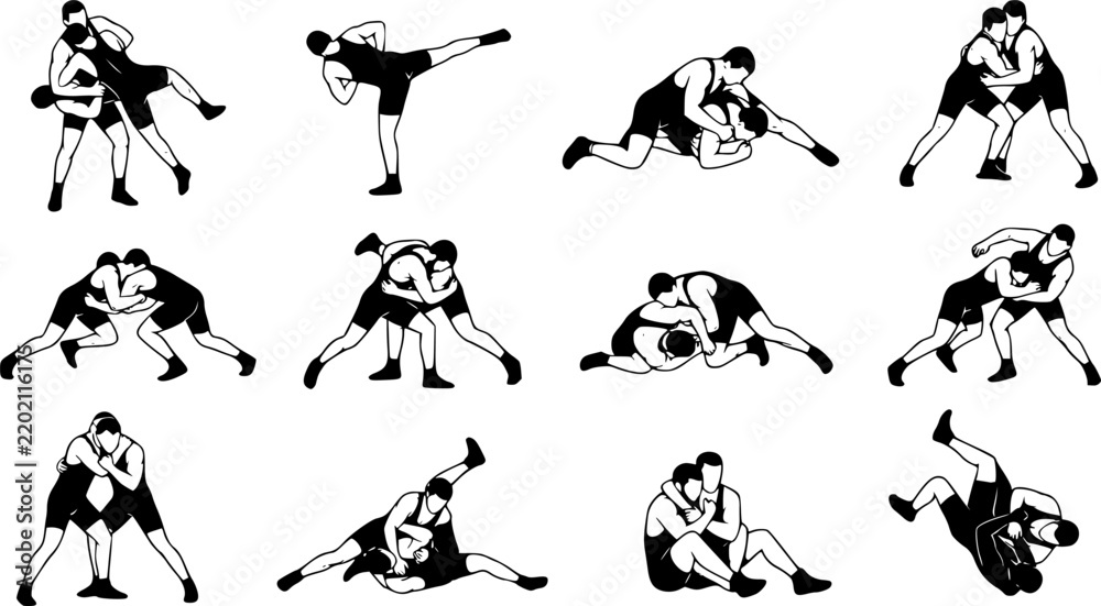 Fototapeta premium collection of silhouettes wrestling with different pose, gesture. isolated on white background. vector illustration.