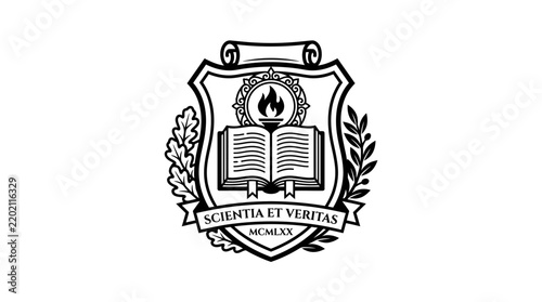 Heraldic academic crest with open book and flame.