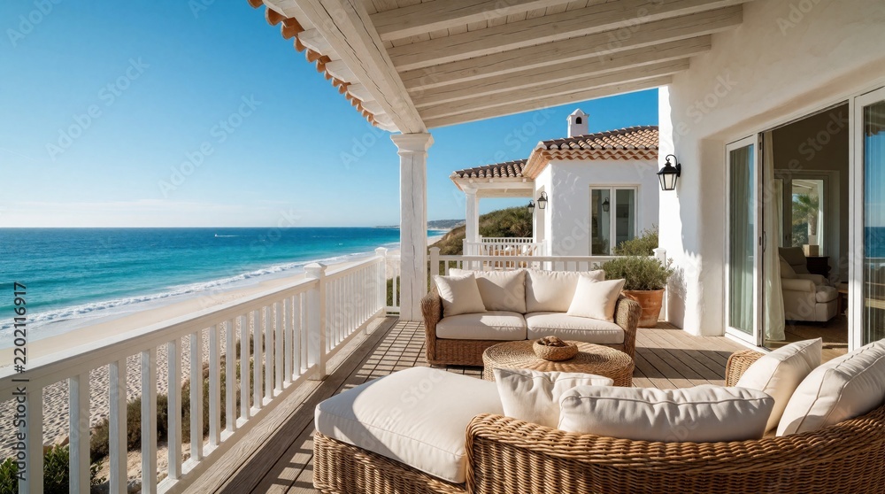 Fototapeta premium Luxury oceanfront villa terrace with white furniture, wicker sofas. Spacious patio overlooks turquoise sea, sandy beach. Comfortable outdoor lounge area offers relaxing Mediterranean coastal