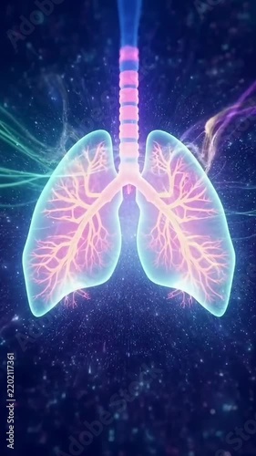 Futuristic video of glowing lungs in a cosmic setting, captured from a front angle. Live mobile wallpaper.