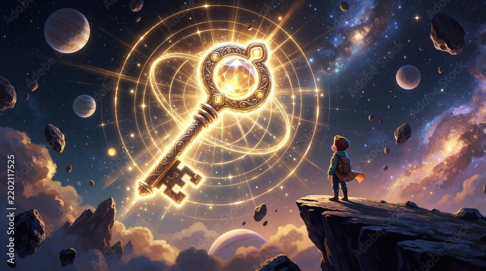 Fototapeta premium Young boy stands on cliff edge looking at giant glowing cosmic key in space. Magical golden key floats near nebula stars, planets. Fantasy explorer discovers secret portal to universe, unlock wisdom,