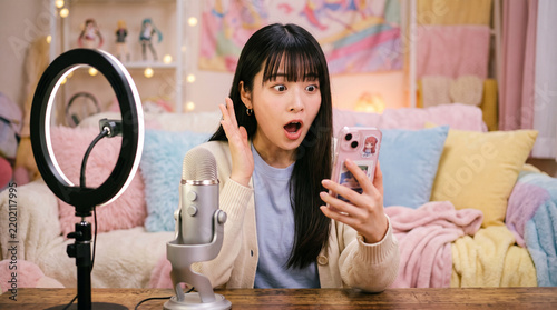 Obraz na płótnie リングライトとマイクの前でスマホを見て驚く20代前半の日本人女性ライブ配信者のポートレート