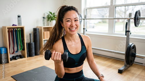 Naklejka 自宅ワークアウト配信でダンベルカールをする20代後半の日本人女性ライブ配信者のポートレート