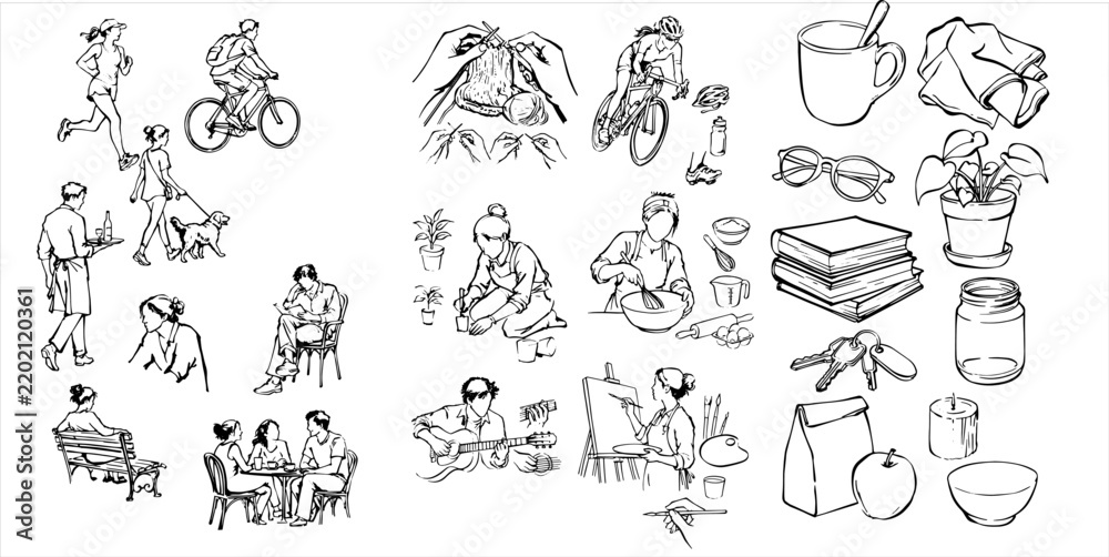 Obraz premium Comprehensive hand drawn line art vector mega collection featuring diverse people activities creative hobbies domestic household objects icon set.