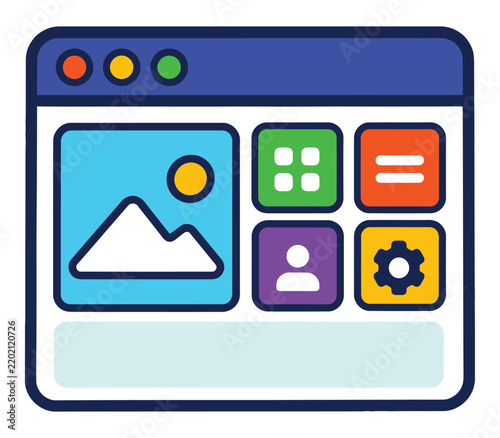 A colorful digital interface window icon featuring a large image placeholder and four smaller app icons.