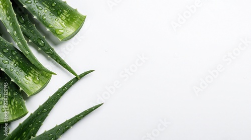 Fresh green aloe vera leaves with water drops on white background. Natural succulent plant arrangement with copy space for text. Organic aloe vera leaves used for skincare, beauty products, wellness,