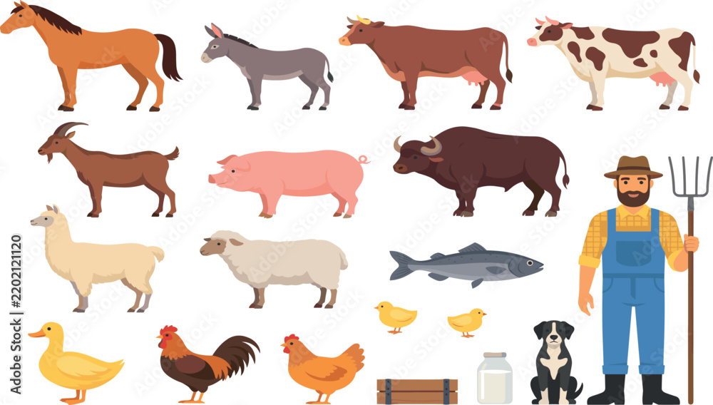 Obraz premium Farm animals vector collection featuring domestic livestock poultry horse cow sheep pig and male farmer holding pitchfork isolated on white,