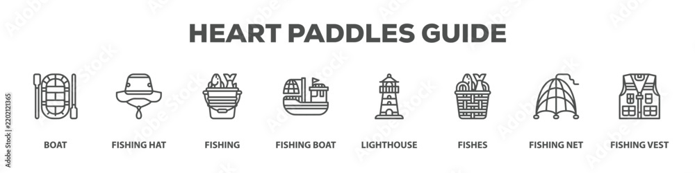 Fototapeta premium Heart Paddles Guide with icon of Boat, Fishing hat, Fishing, Fishing boat, Lighthouse, Fishes, Fishing net, Fishing vest